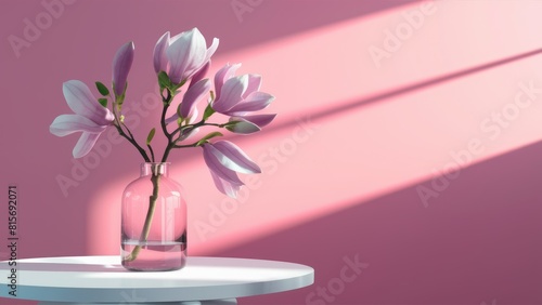 Pink Magnolia Elegance Sunlit Blossom in Glass Vase on White Table Against Pastel Pink Wall