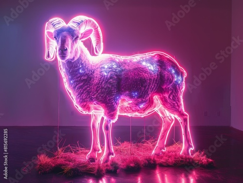 Lifelike Bighorn Sheep Lamb Fluorescent Electric Highlighter Super Bright Neon Light for Clothing, Commercial, Editorial Advertising, Surrealistic Surrealism. The 1980s comeback，Realistic Illuminated  © Da