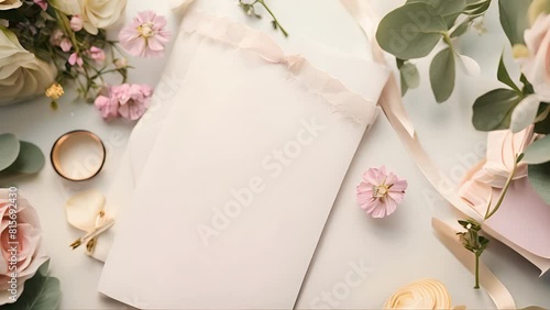 Bridal accessories with invitations, flowers, and rings, copyspace for wedding date