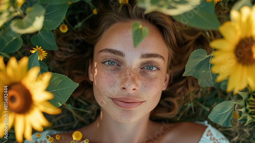 Close-up top-down view, stylish woman wearing very modern minimalist clothing, smiling and staring at camera, lying down supine in a field of flowers. Isolated shot, bokeh, summer, mental health, calm photo