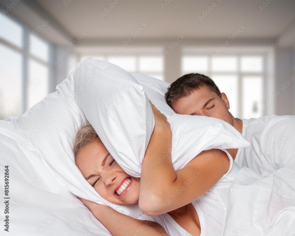 young woman sleep with boyfriends snoring at bed young woman sleep with boyfriends snoring at bed