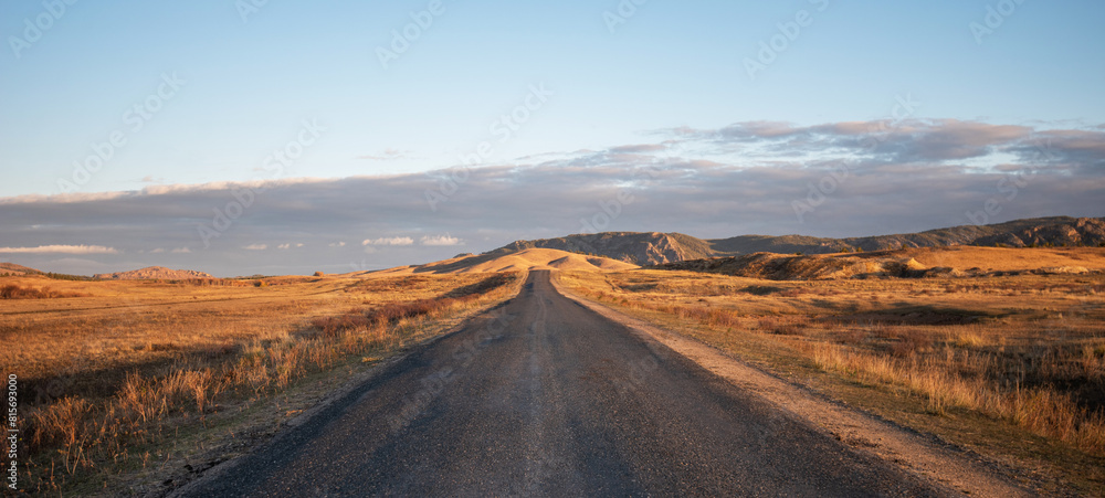 Fototapeta premium Straight country road through the autumn landscape in a hilly area. Grassy field and hills. Rural landscapes.