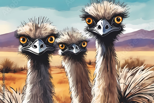A whimsical Emu cartoon illustration, perfect for children's books, Outback cafes, or travel literature, adding a playful touch to any setting or postcard