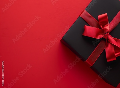 Black gift box with a red ribbon on the right side of a red background, viewed from above