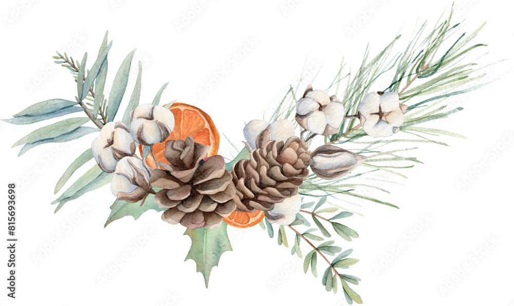 Watercolor Christmas composition of spruce branches, pine cones, cotton plant, Dried orange slice. Hand painted holiday card isolated on white background. Winter holiday symbols. Watercolor Christmas composition of spruce branches, pine cones, cotton plant, Dried orange slice. Hand painted holiday card isolated on white background. Winter holiday symbols.