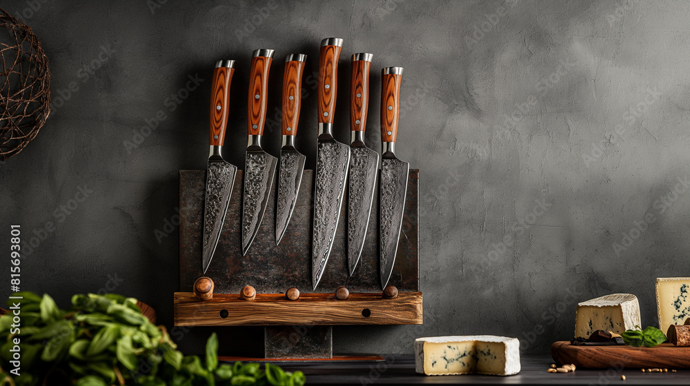 Collection of specialized Chef's knife on Kitchen cooking area wall. Concept photo of cooking and food preparation