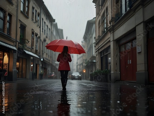 Person walking down a street in the rain 
