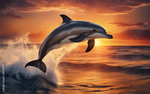 Dolphin jumping over ocean waves at sunset