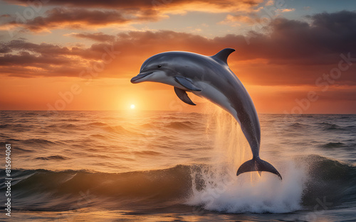 Dolphin jumping over ocean waves at sunset