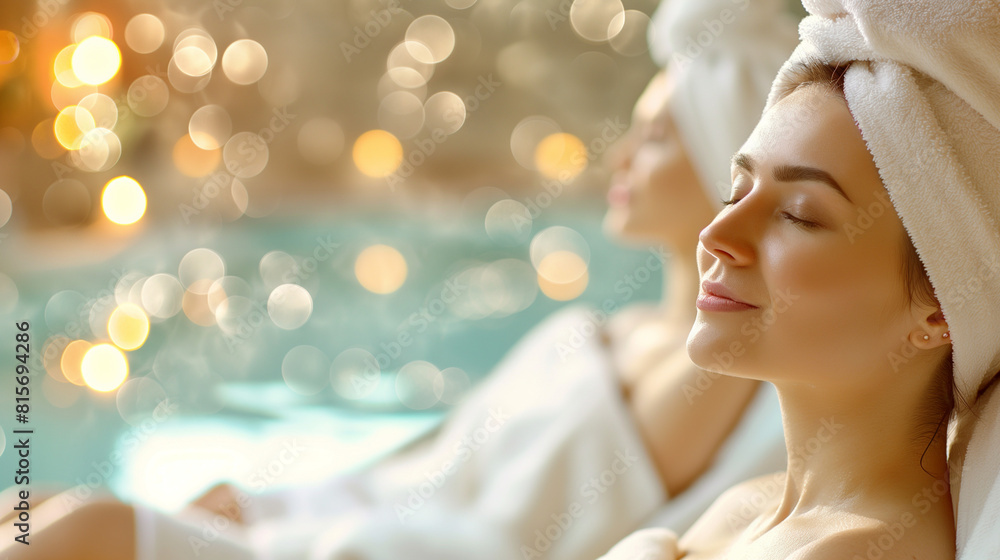 Fototapeta premium Frauen im Wellness Massagebereich draußen mit Sonne am Pool relaxen Generative AI