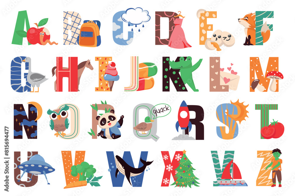 Set of stickers English alphabet in flat cartoon design. This lovely illustration depicts the English alphabet with colorful letters and the corresponding objects next to them. Vector illustration.