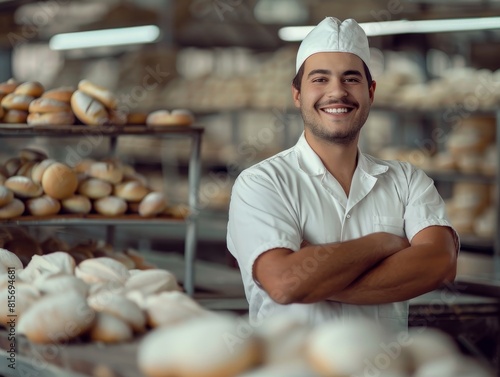 A baker with a white hat stands in front of a display of bread