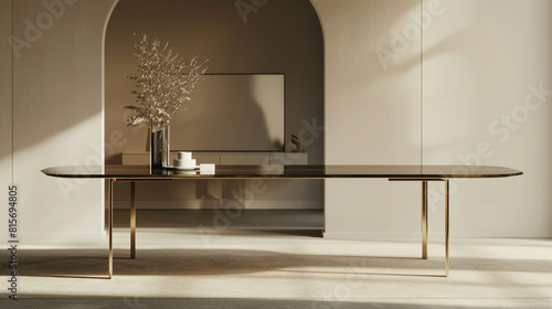 A dining table designed with minimalist luxury in mind, featuring a polished obsidian top and thin bronze legs, in a room with minimal decor