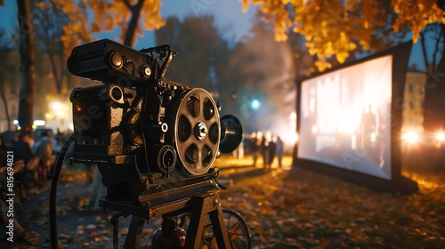An old-fashioned movie projector is set up in a park at dusk. photo
