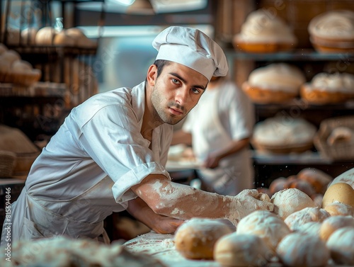 A man in a white hat and apron is making bread