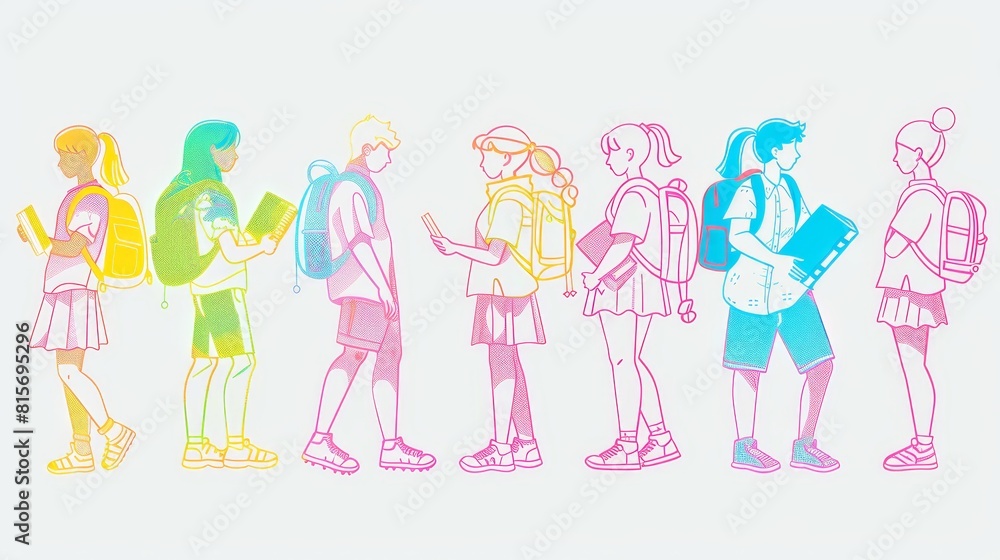 Children with backpacks and textbooks stand in a row, reading books, education, learning and studying concept with children group, modern illustration in line art style. Children with backpacks and textbooks stand in a row, reading books, education, learning and studying concept with children group, modern illustration in line art style.