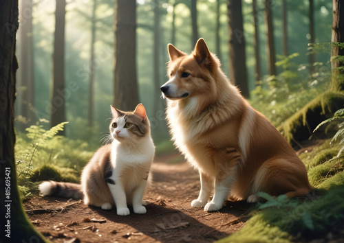 Bury kot i pies na spacerze w lesie obserwują coś w oddali, piękny portret zwierząt photo