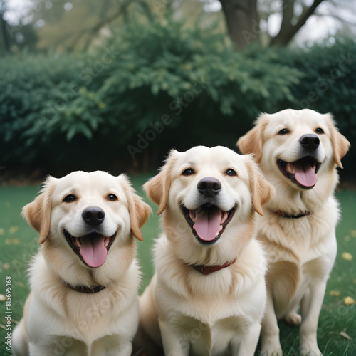 Szczęśliwe biszkoptowe psy rasy Golden Retriver oraz kundelki podczas spaceru na podwórku