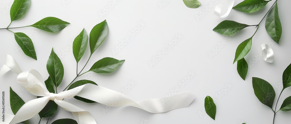 Fresh and clean birthday card mockup with green leaves and a white ribbon on a pure white surface, ideal for a modern look, Fresh and clean birthday card mockup with green leaves and a white ribbon on a pure white surface, ideal for a modern look,