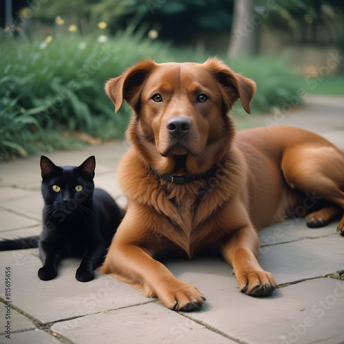 Czarny kot i brązowy pies leżą na podwórku na ziemi i odpoczywają