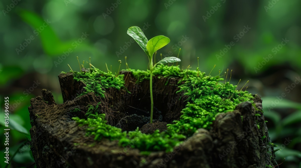 Life's resurgence illustrated by a young sprout in a decaying trunk, nestled in lush green moss, a powerful metaphor for renewal, Life's resurgence illustrated by a young sprout in a decaying trunk, nestled in lush green moss, a powerful metaphor for renewal,
