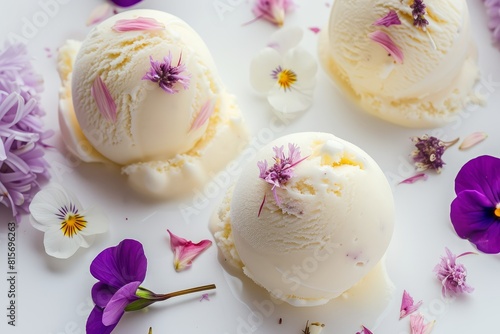 Edible flower-infused ice cream photo on white isolated background