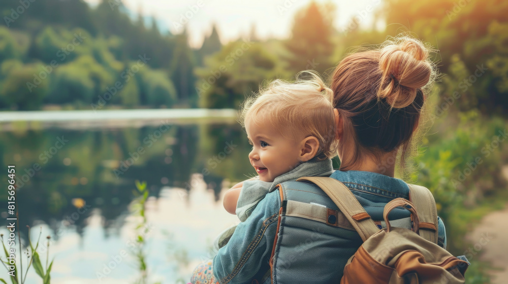 Smiling mother holding adorable toddler child outdoors, beautiful nature landscape with lake in the background Smiling mother holding adorable toddler child outdoors, beautiful nature landscape with lake in the background