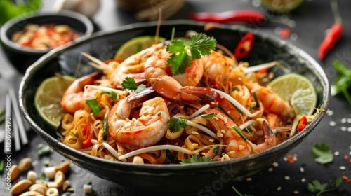 Appetizing Pad Thai dish showcasing succulent shrimp, a staple of Thai cuisine