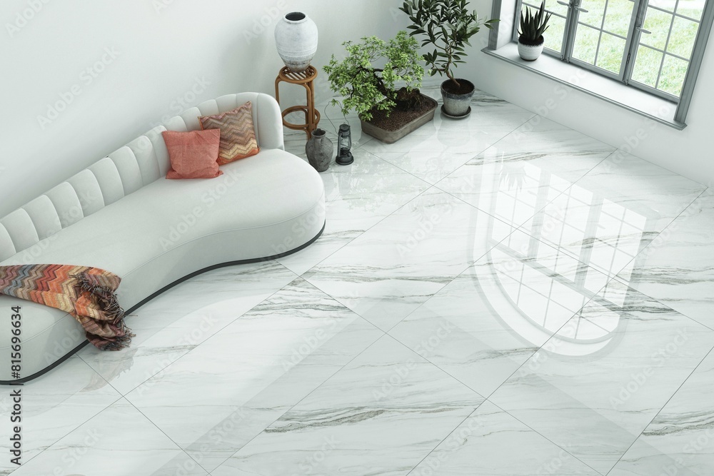 Minimalist living room interior design with white marble wall and floor ...