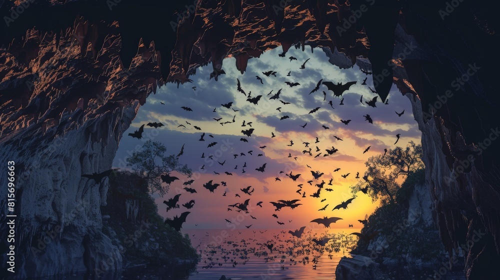 Bats emerging dramatically from a cave entrance at dusk, silhouetted against the twilight sky
