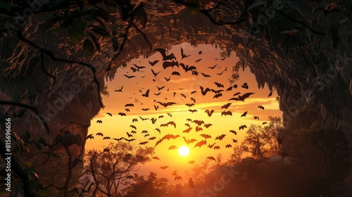 Bat colony exiting cave entrance  a breathtaking sight against the setting sun