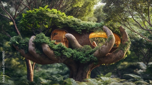 A whimsical treehouse designed to look like it s being held up by branches shaped like hands  with the foliage blending seamlessly into a lush  green forest environment. 