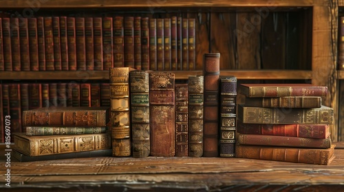 Vintage books with old leather covers on library bookshelves