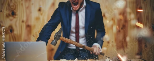 Angry businessman holding a hammer is smashing a laptop in office background.