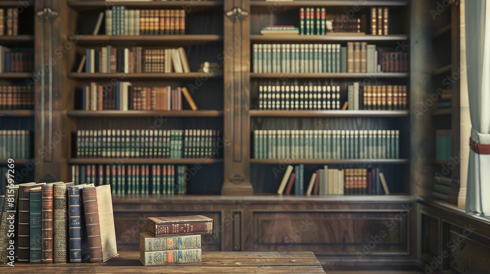 Fototapeta premium Vintage books with old leather covers on library bookshelves