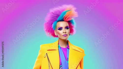Retro fashion woman with makeup and hairstyle posing isolated on solid soft neon light baground - new 4K stock Video AI Animation footage photo