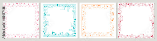 Cute cat paws and dog heads frames. Colorful full vector decorations