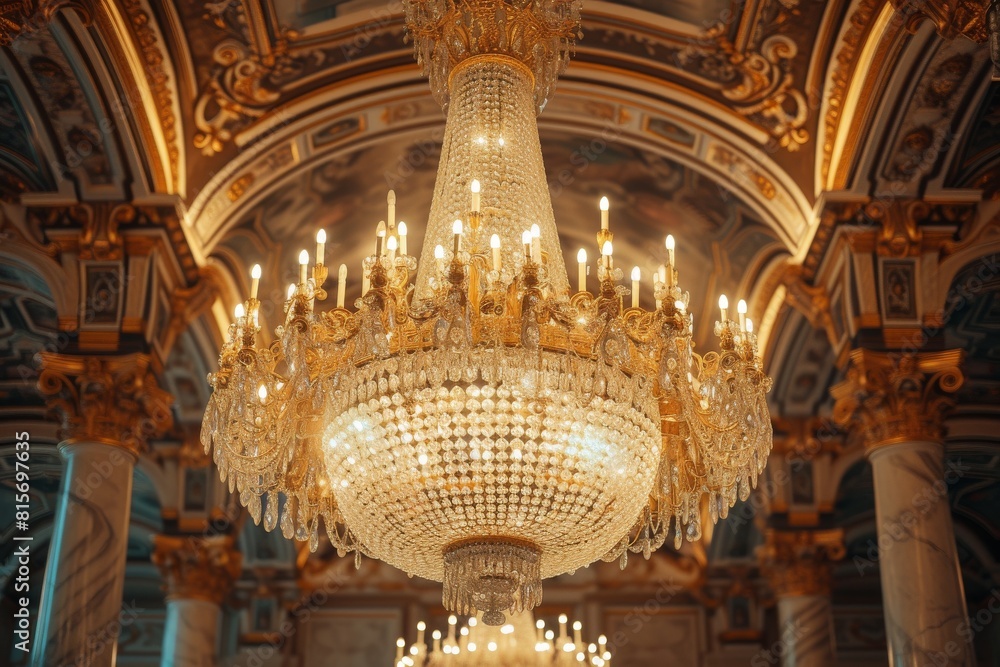 An opulent crystal chandelier hanging from a high ceiling, reflecting ...