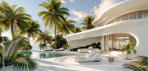 A white art deco mansion on a tropical island  with palm trees and exotic plants surrounding a sleek  outdoor pool area.
