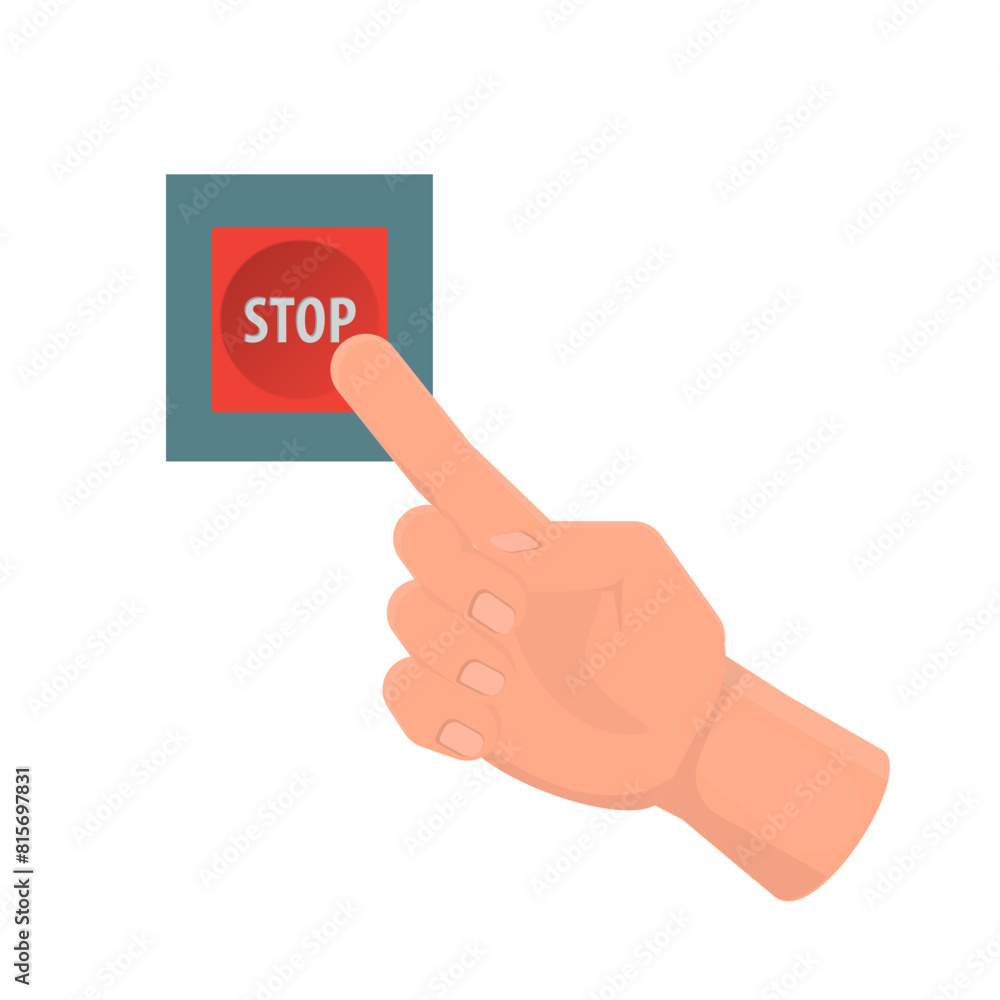 stop button. The hand presses the stop button, vector illustration