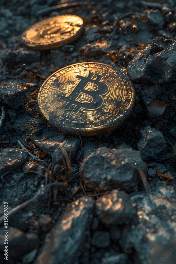 Moneda de bitcoin en entorno hostil. Economía del futuro. Moneda en primer plano rodeada de rocas. Moneda de bitcoin en entorno hostil. Economía del futuro. Moneda en primer plano rodeada de rocas.