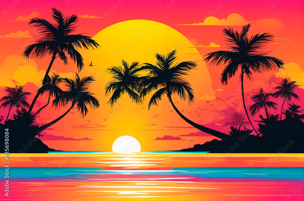 Tropical sunset, bright colors, vector graphics. Generative AI