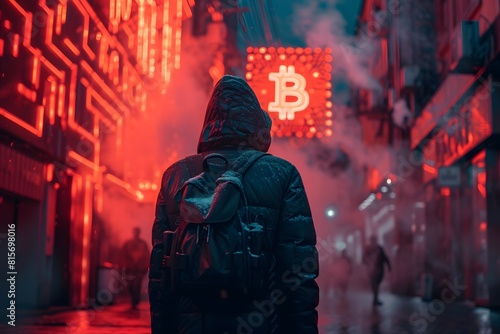 Chico vestido de negro en la calle comprando bitcoin. Economía del futuro. photo