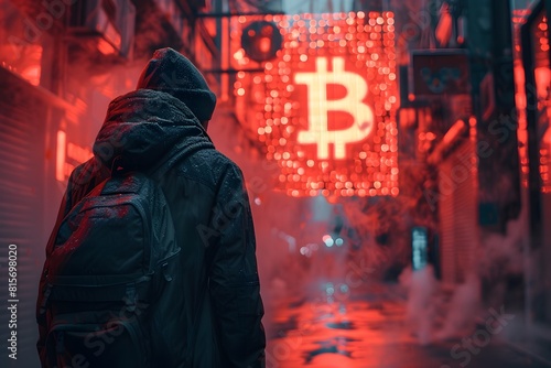 Chico vestido de negro en la calle comprando bitcoin. Economía del futuro. Bitcoin. Blockchain. photo