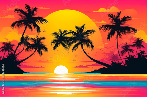 Tropical sunset  bright colors  vector graphics. Generative AI