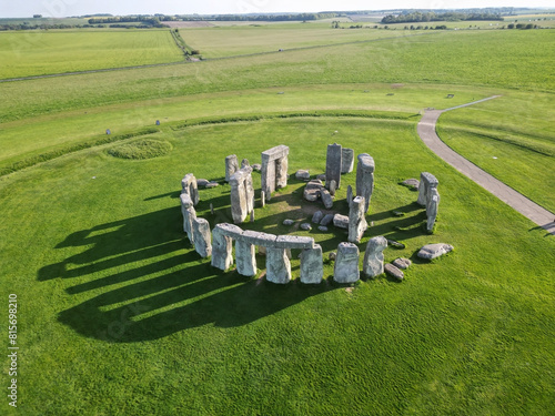 Drone view of Stonehenge and Wiltshire Countryside in England, UK. The stone circle dates to 3000 BC and is one of the best known ancient wonders of the world and UNESCO World Heritage Site.