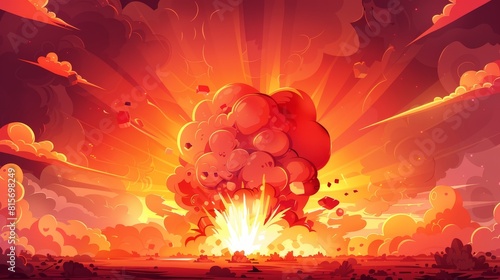 Cartoon red bomb explosion clouds on burned destroyed land. Boom effect with smoke, Ui design with dynamite explosions, modern web banner of the atomic war.