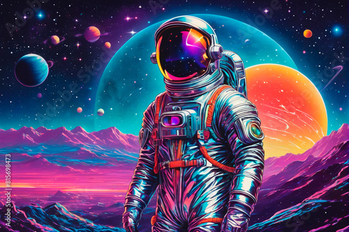 Futuristic astronaut, shiny metal suit, neon highlights, against the background of stars and planets, bright. Generative AI