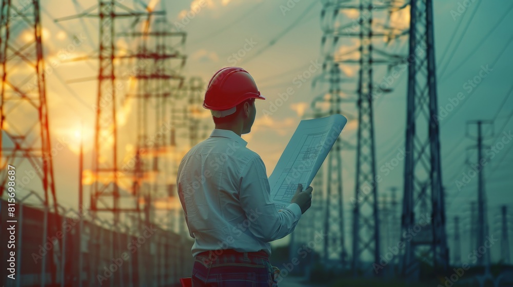 Engineer with red hard hat studying blueprints amid electrical infrastructure Engineer with red hard hat studying blueprints amid electrical infrastructure