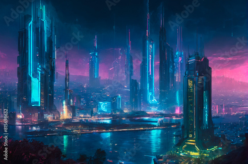 Cyberpunk city with neon skyscrapers. Generative AI